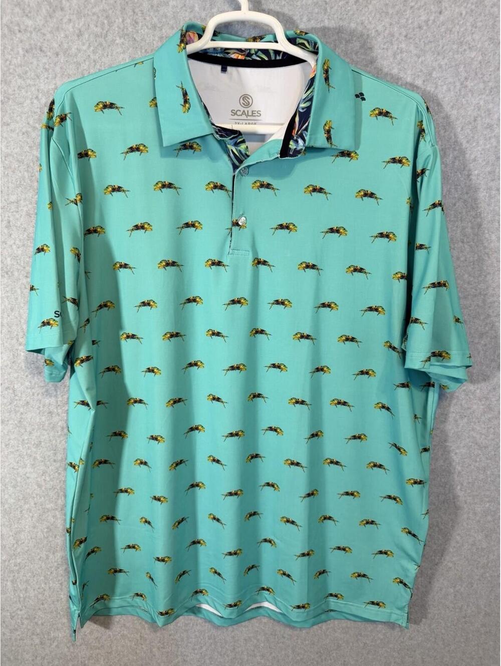Scales Mens 2XL Performance Polo Shirt Aqua Tropical Mahi Golf Short Sleeve